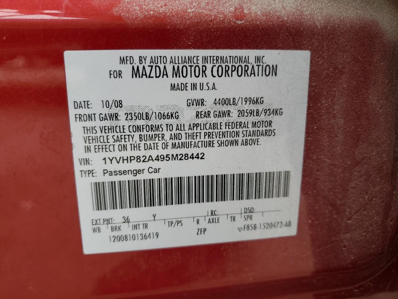 2009 Mazda 6 I VIN: 1YVHP82A495M28442 Lot: 85946755