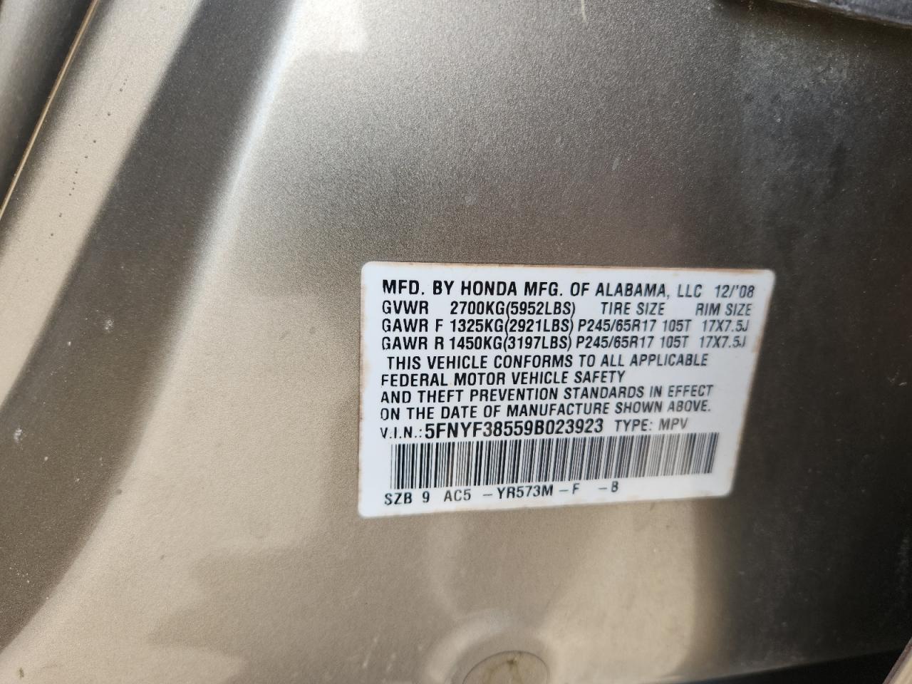 2009 Honda Pilot Exl VIN: 5FNYF38559B023923 Lot: 85298355