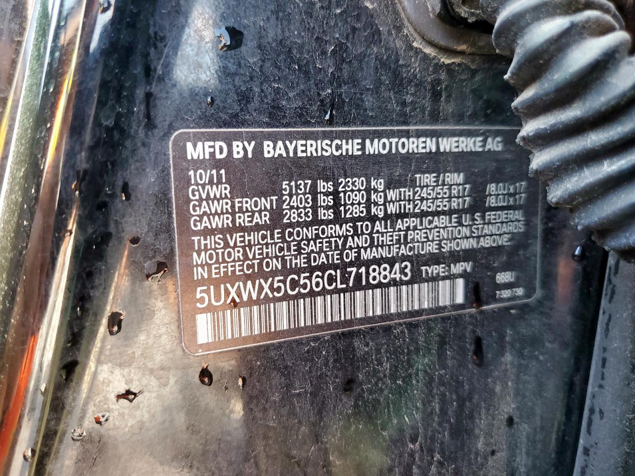 2012 BMW X3 xDrive28I VIN: 5UXWX5C56CL718843 Lot: 85761075