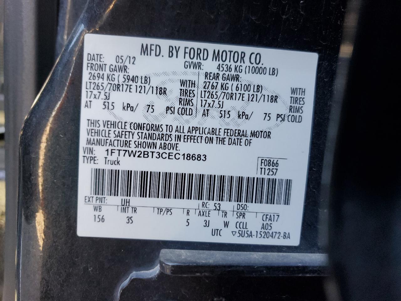 2012 Ford F250 Super Duty VIN: 1FT7W2BT3CEC18683 Lot: 85758325