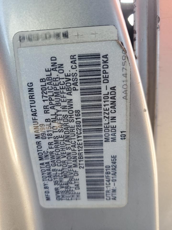 2000 Toyota Cor VIN: 2T1BR12E1YC280168 Lot: 85518735