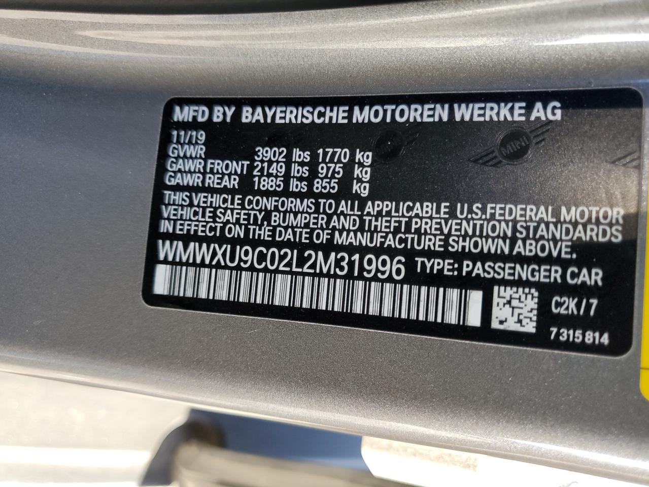 2020 Mini Cooper S VIN: WMWXU9C02L2M31996 Lot: 91024995