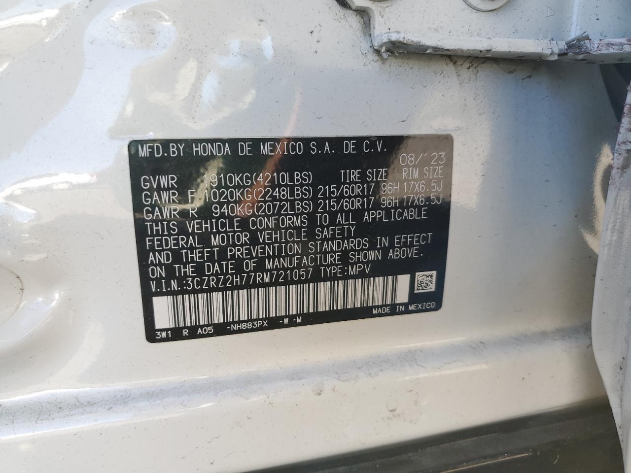 2024 Honda Hr-V Exl VIN: 3CZRZ2H77RM721057 Lot: 82392775