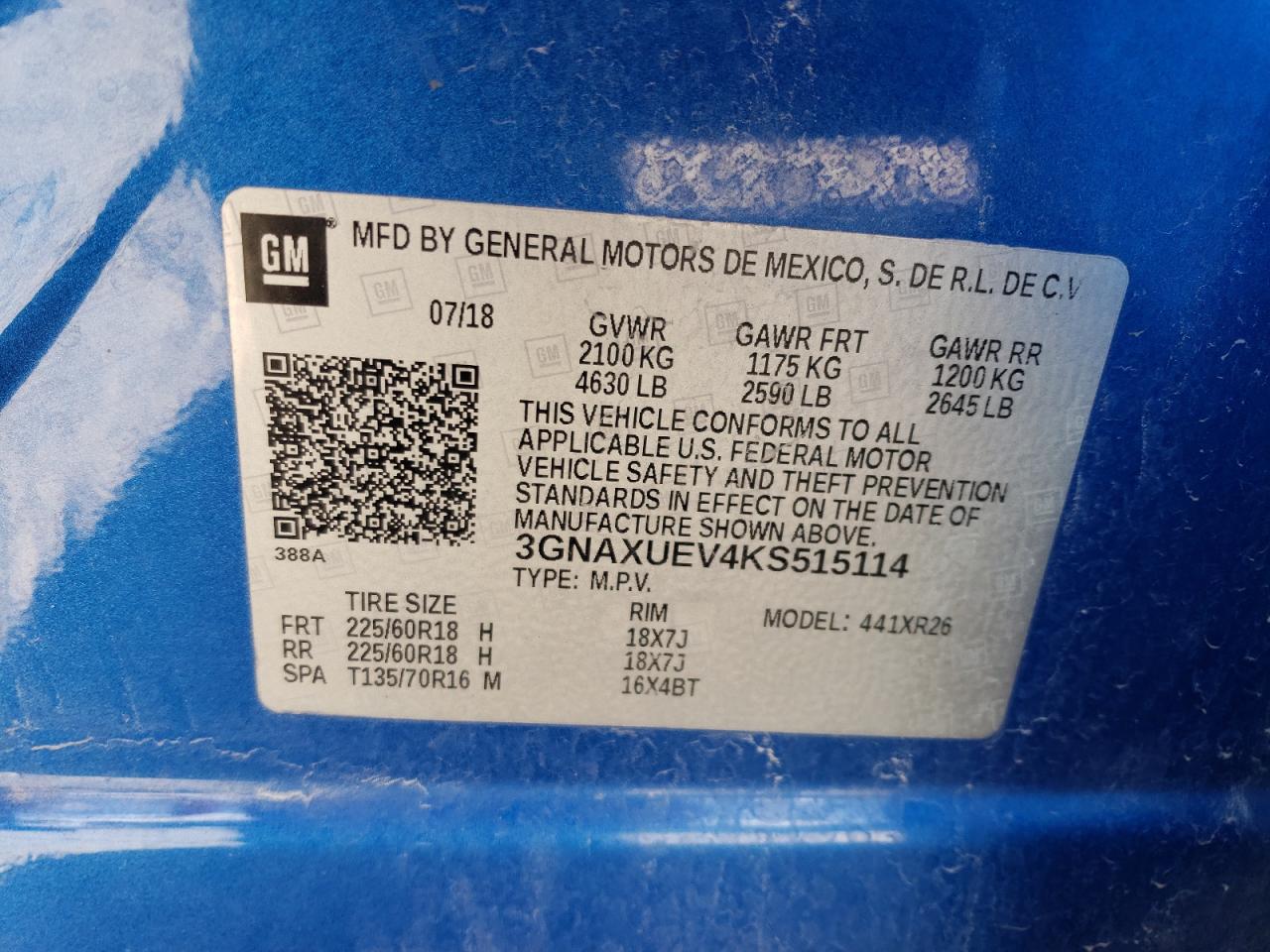 2019 Chevrolet Equinox Lt VIN: 3GNAXUEV4KS515114 Lot: 84773915