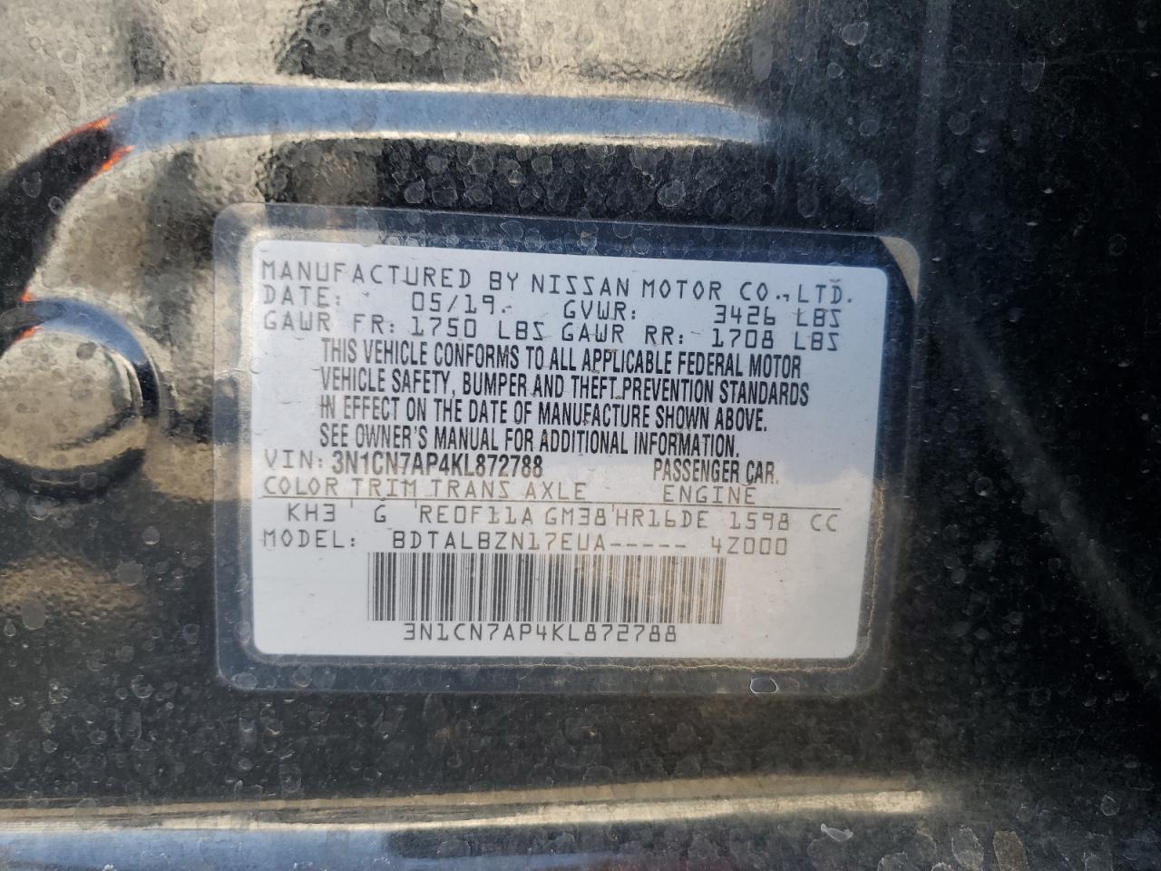 2019 Nissan Versa S VIN: 3N1CN7AP4KL872788 Lot: 82327505