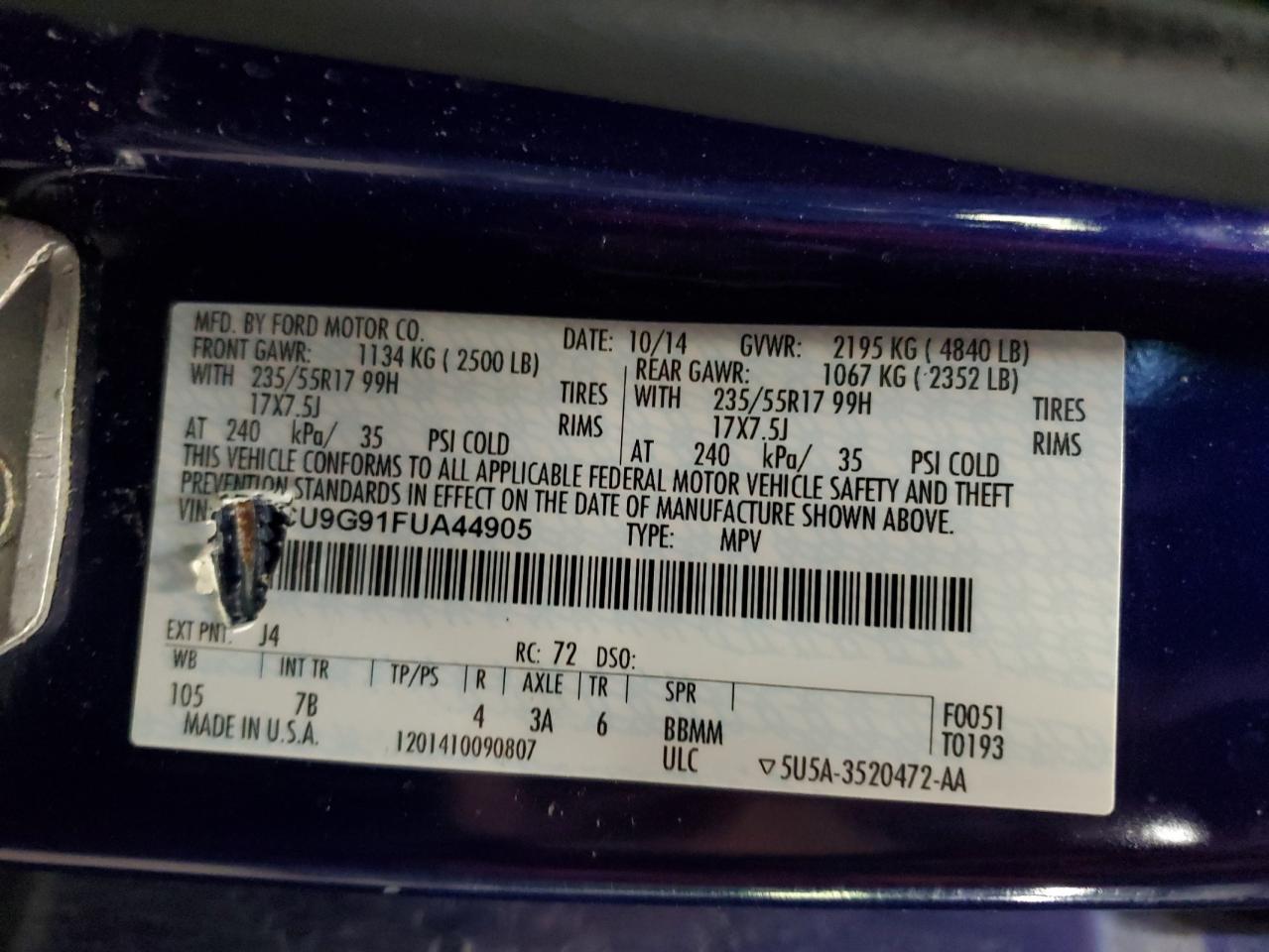 2015 Ford Escape Se VIN: 1FMCU9G91FUA44905 Lot: 85541335