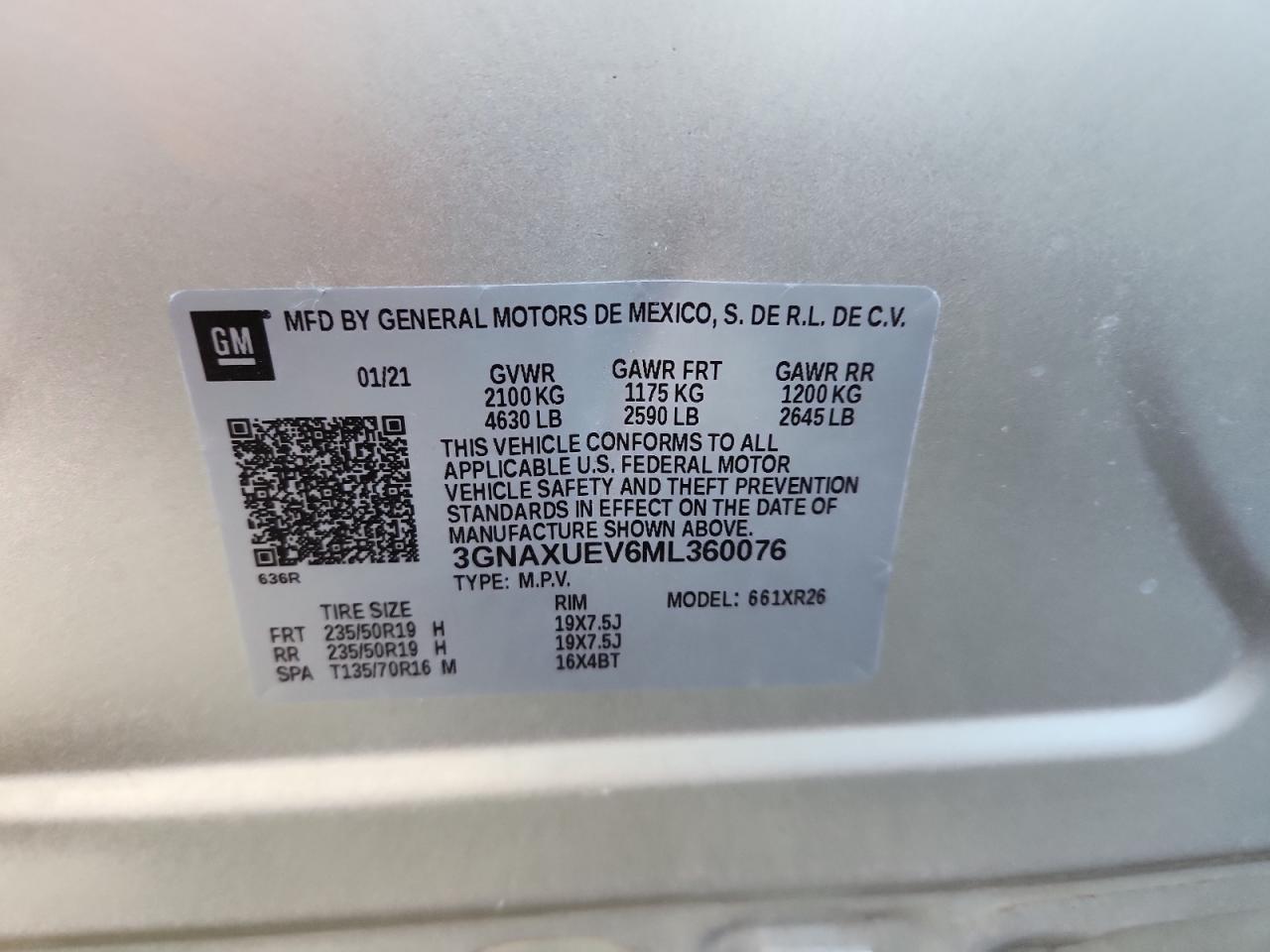 2021 Chevrolet Equinox Lt VIN: 3GNAXUEV6ML360076 Lot: 86800835