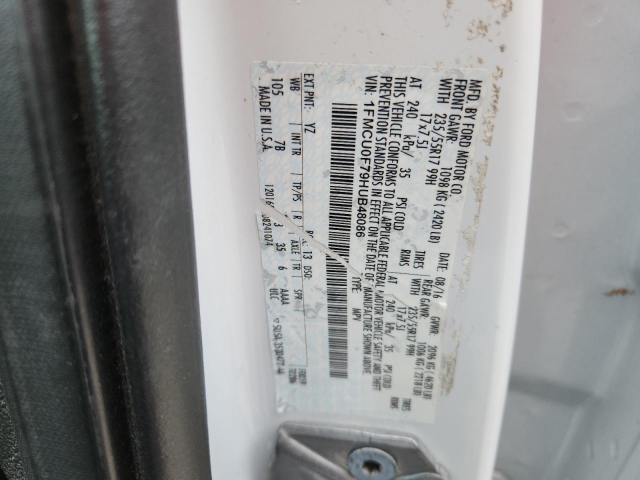 2017 Ford Escape S VIN: 1FMCU0F79HUB48086 Lot: 86056785