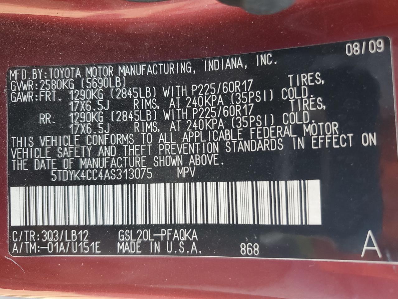 2010 Toyota Sienna Xle VIN: 5TDYK4CC4AS313075 Lot: 82428375