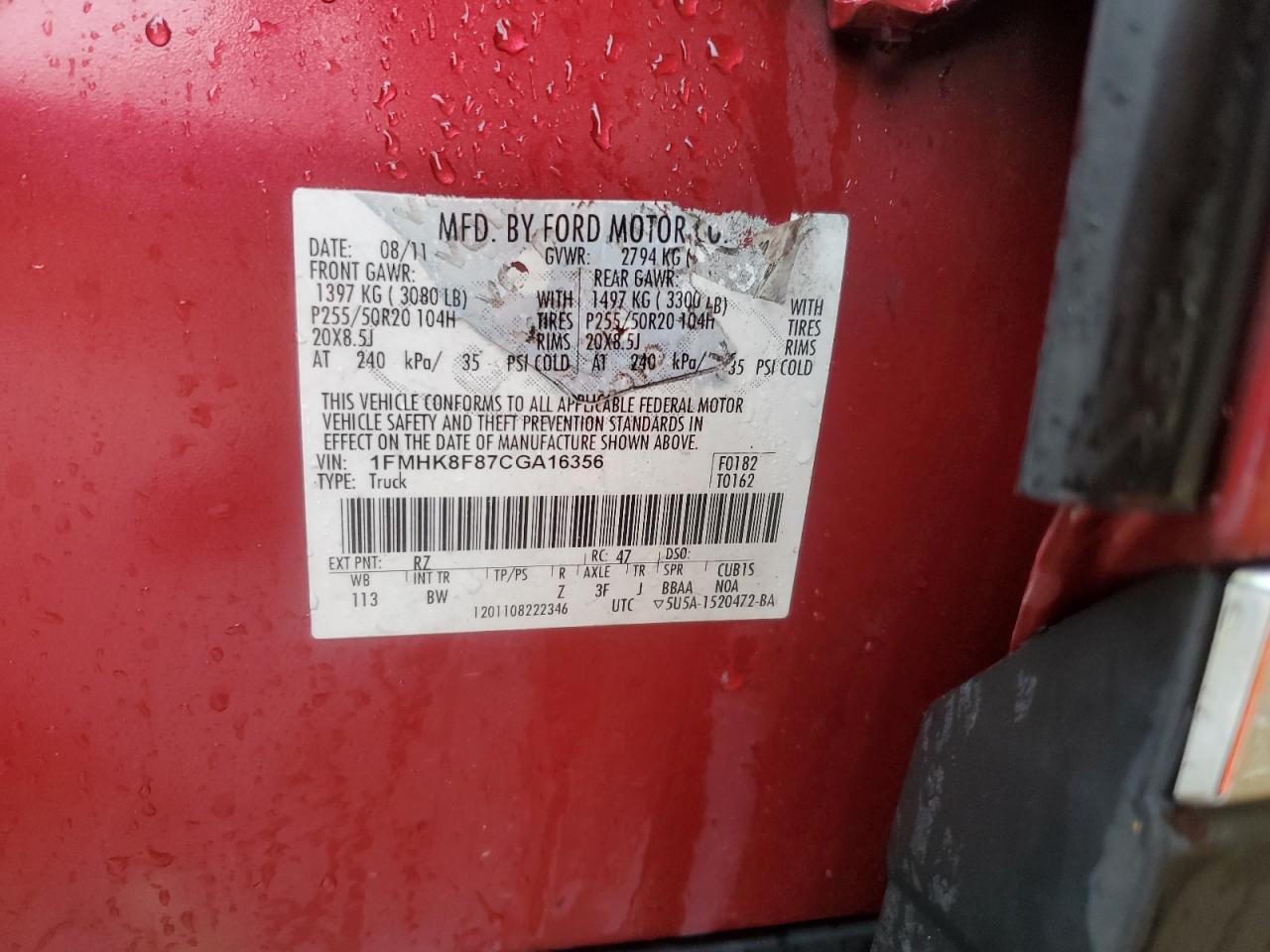 2012 Ford Explorer Limited VIN: 1FMHK8F87CGA16356 Lot: 85584225