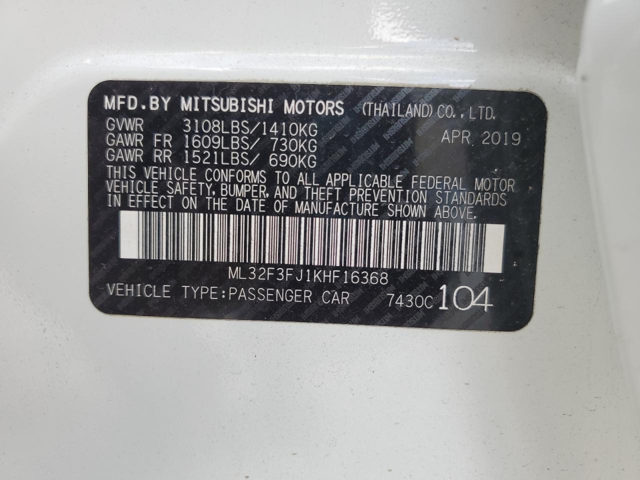 2019 Mitsubishi Mirage G4 Es VIN: ML32F3FJ1KHF16368 Lot: 90326545