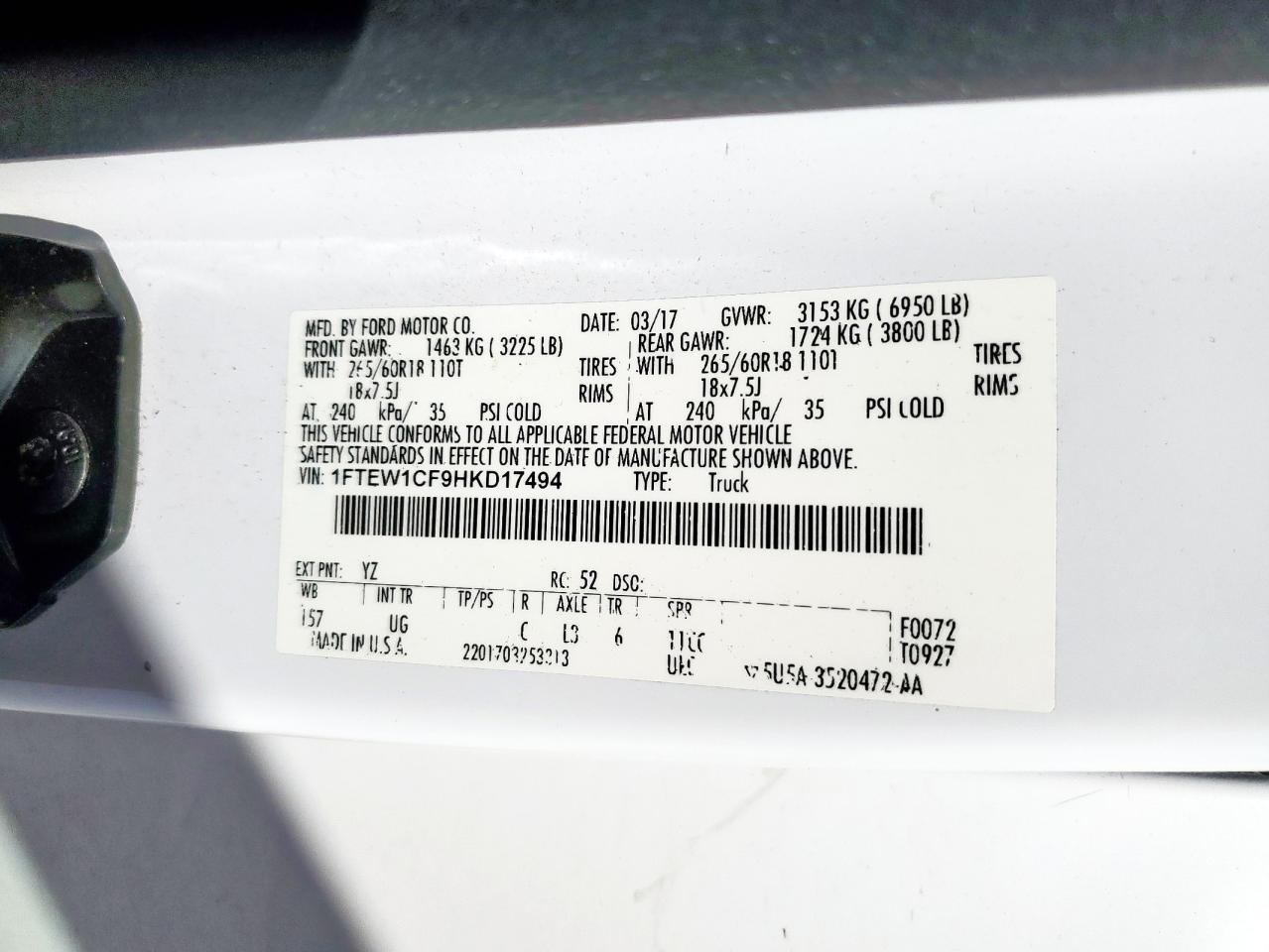 2017 Ford F150 Supercrew VIN: 1FTEW1CF9HKD17494 Lot: 84974885