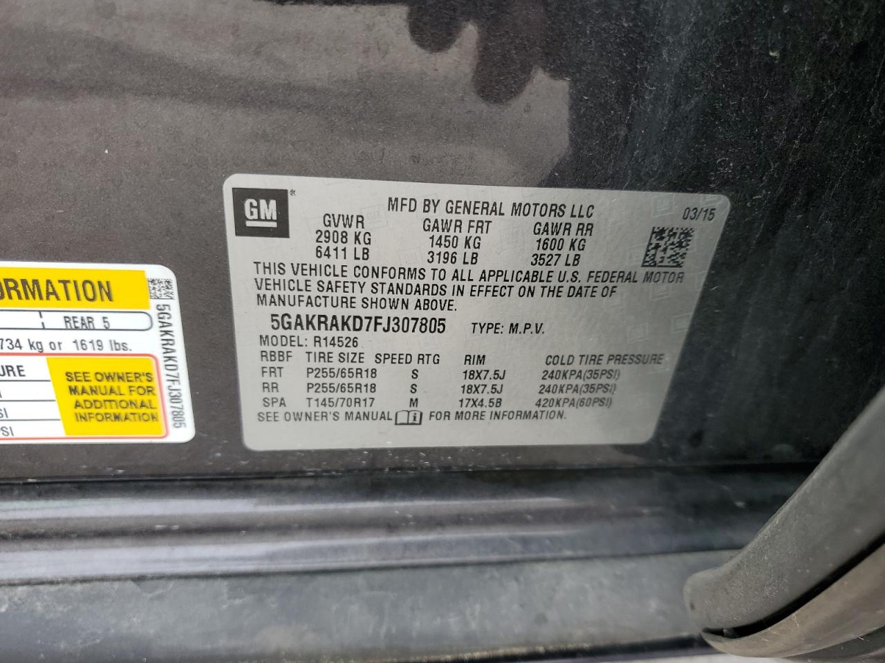 2015 Buick Enclave VIN: 5GAKRAKD7FJ307805 Lot: 86444205