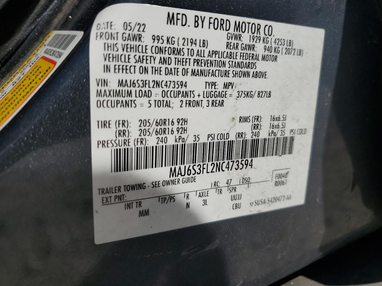 2022 Ford Ecosport S VIN: MAJ6S3FL2NC473594 Lot: 84443225