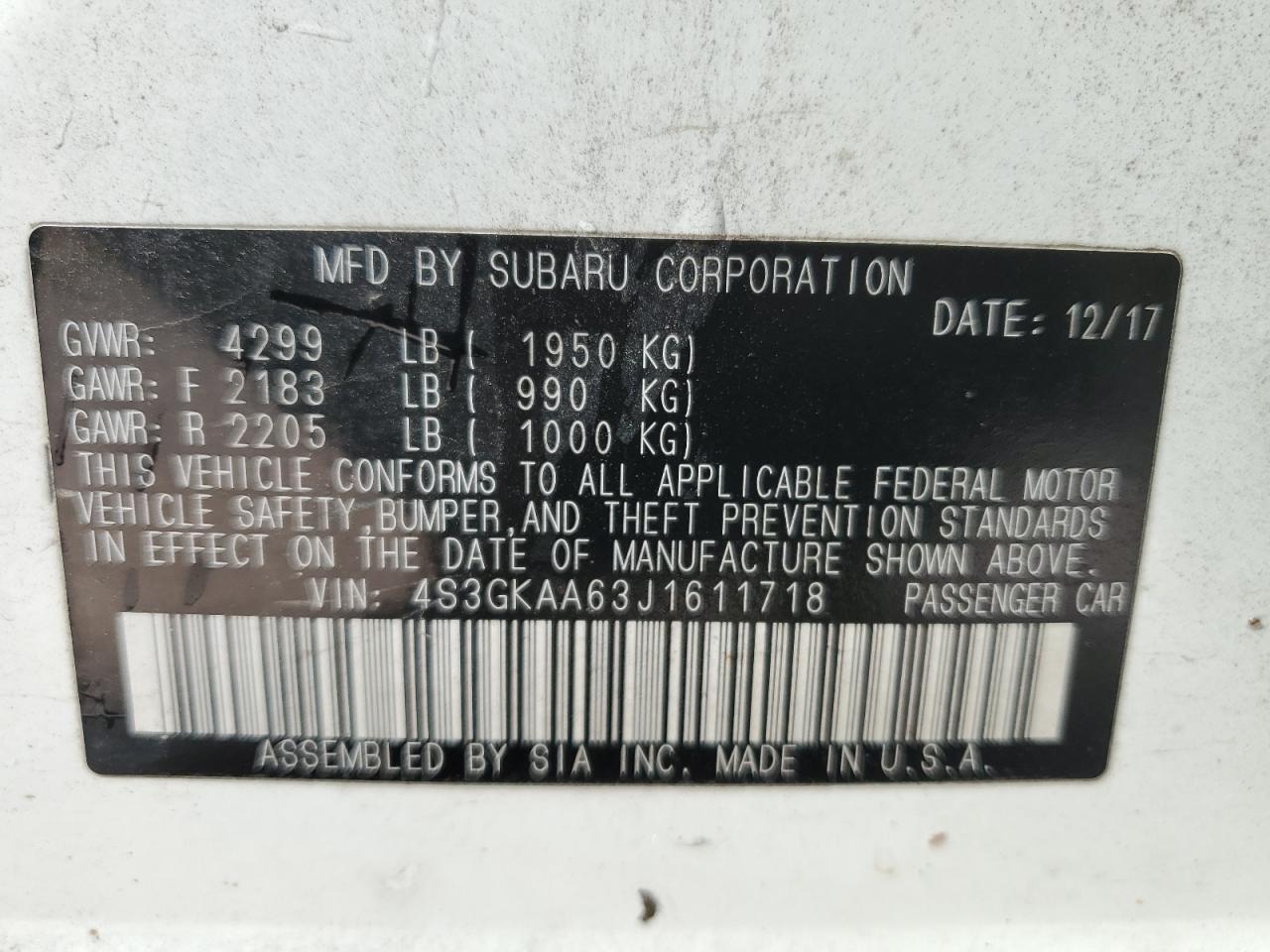 2018 Subaru Impreza VIN: 4S3GKAA63J1611718 Lot: 85752665