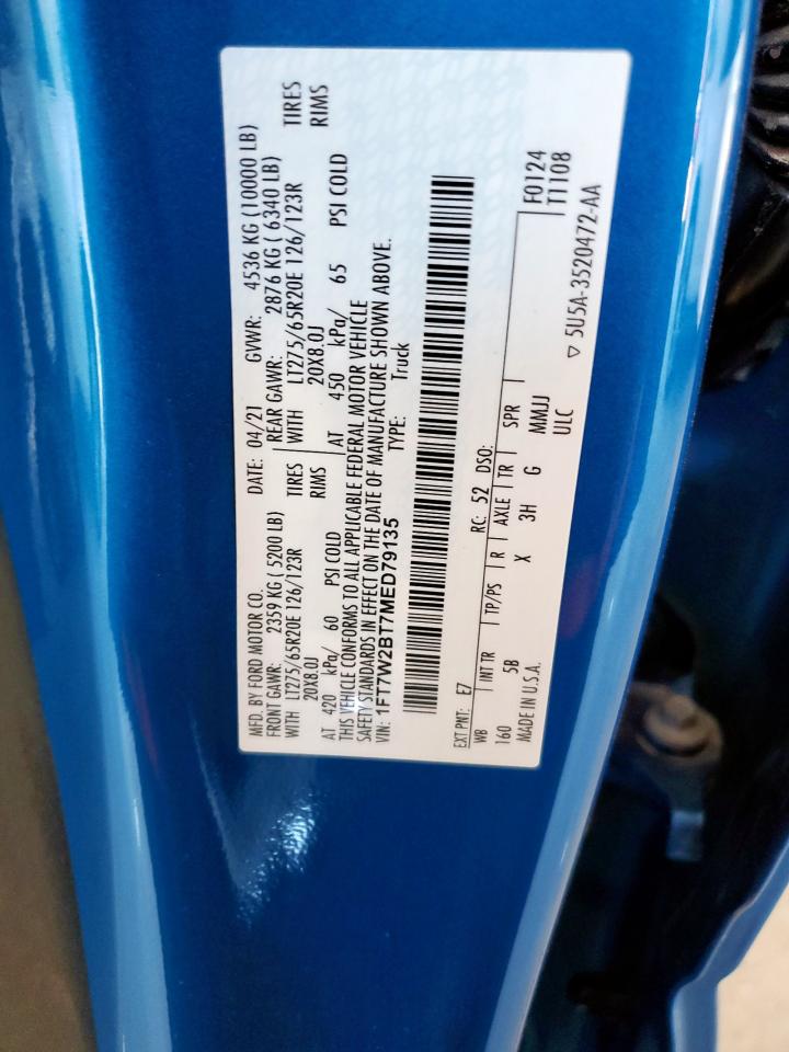 2021 Ford F250 Super Duty VIN: 1FT7W2BT7MED79135 Lot: 86153995