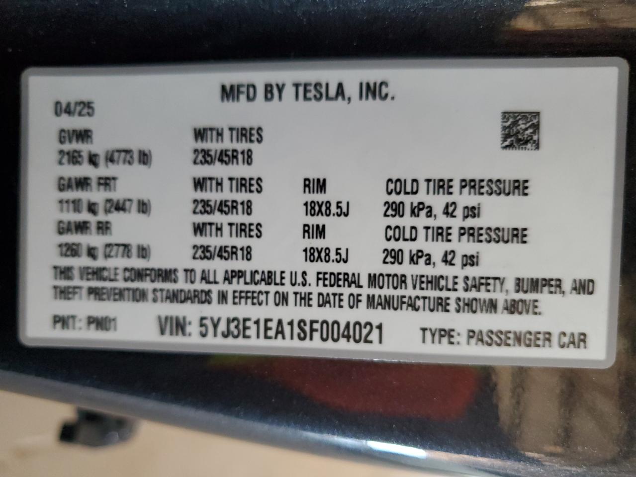 2025 Tesla Model 3 VIN: 5YJ3E1EA1SF004021 Lot: 81891375