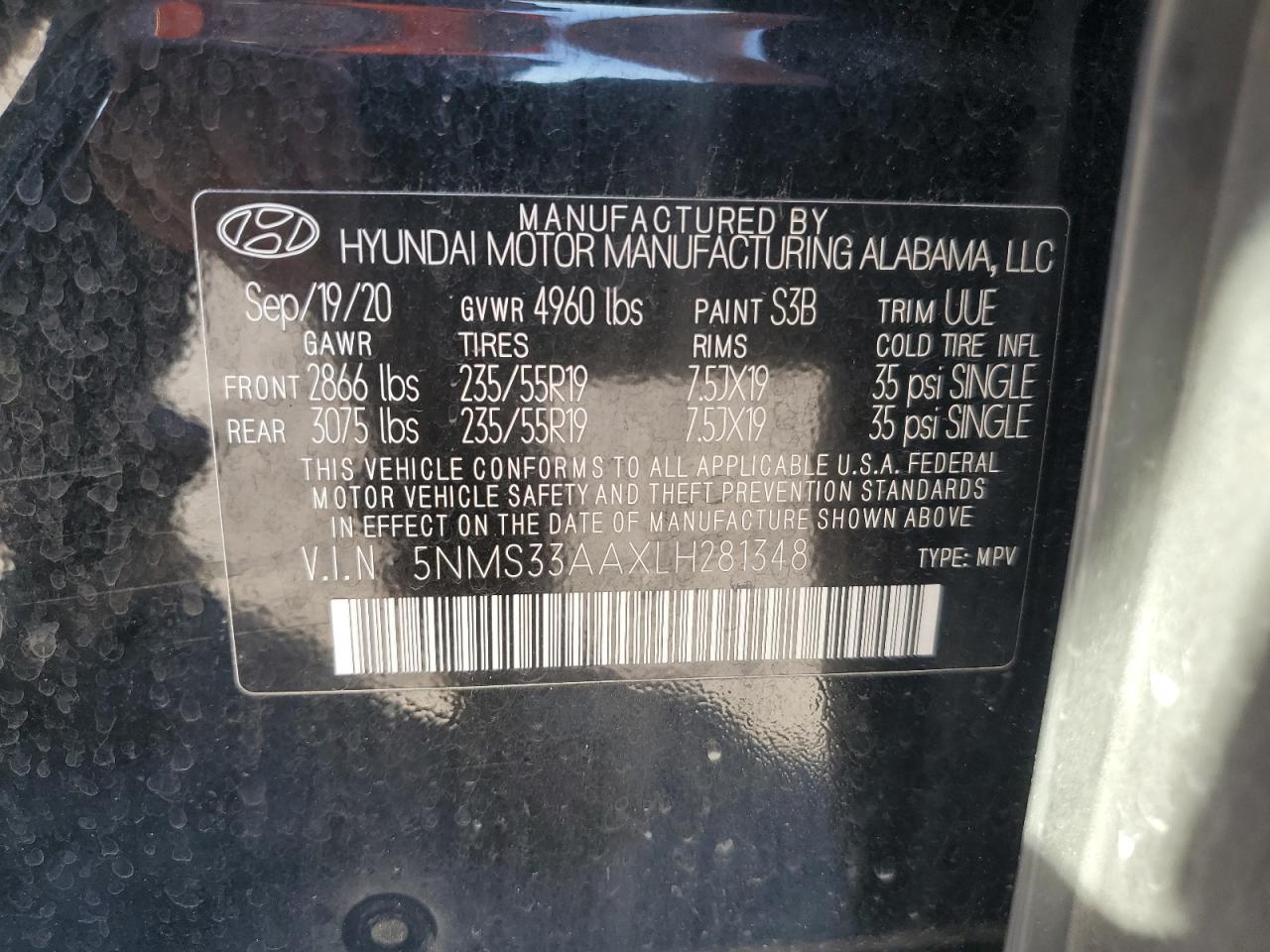 2020 Hyundai Santa Fe Sel VIN: 5NMS33AAXLH281348 Lot: 82246465