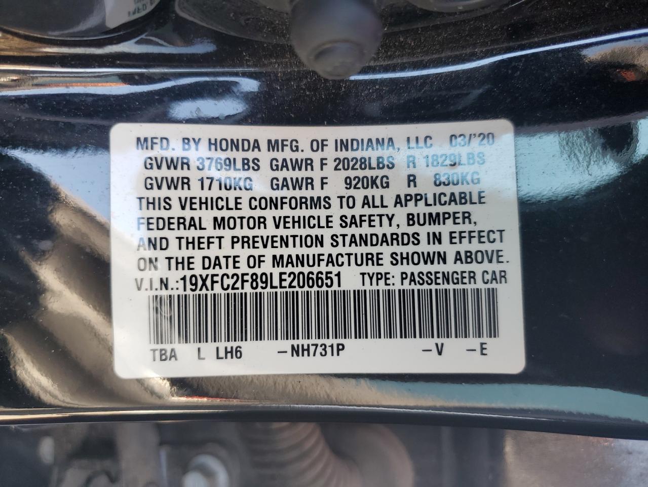 2020 Honda Civic Sport VIN: 19XFC2F89LE206651 Lot: 87067095