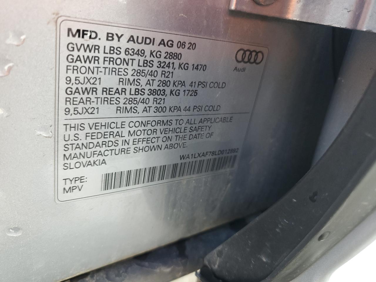 2020 Audi Q7 Premium Plus VIN: WA1LXAF78LD012892 Lot: 86821995