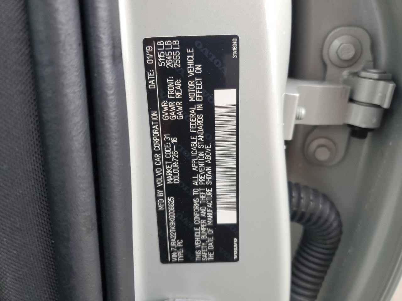 2019 Volvo S60 T6 Momentum VIN: 7JRA22TK9KG006625 Lot: 90573155