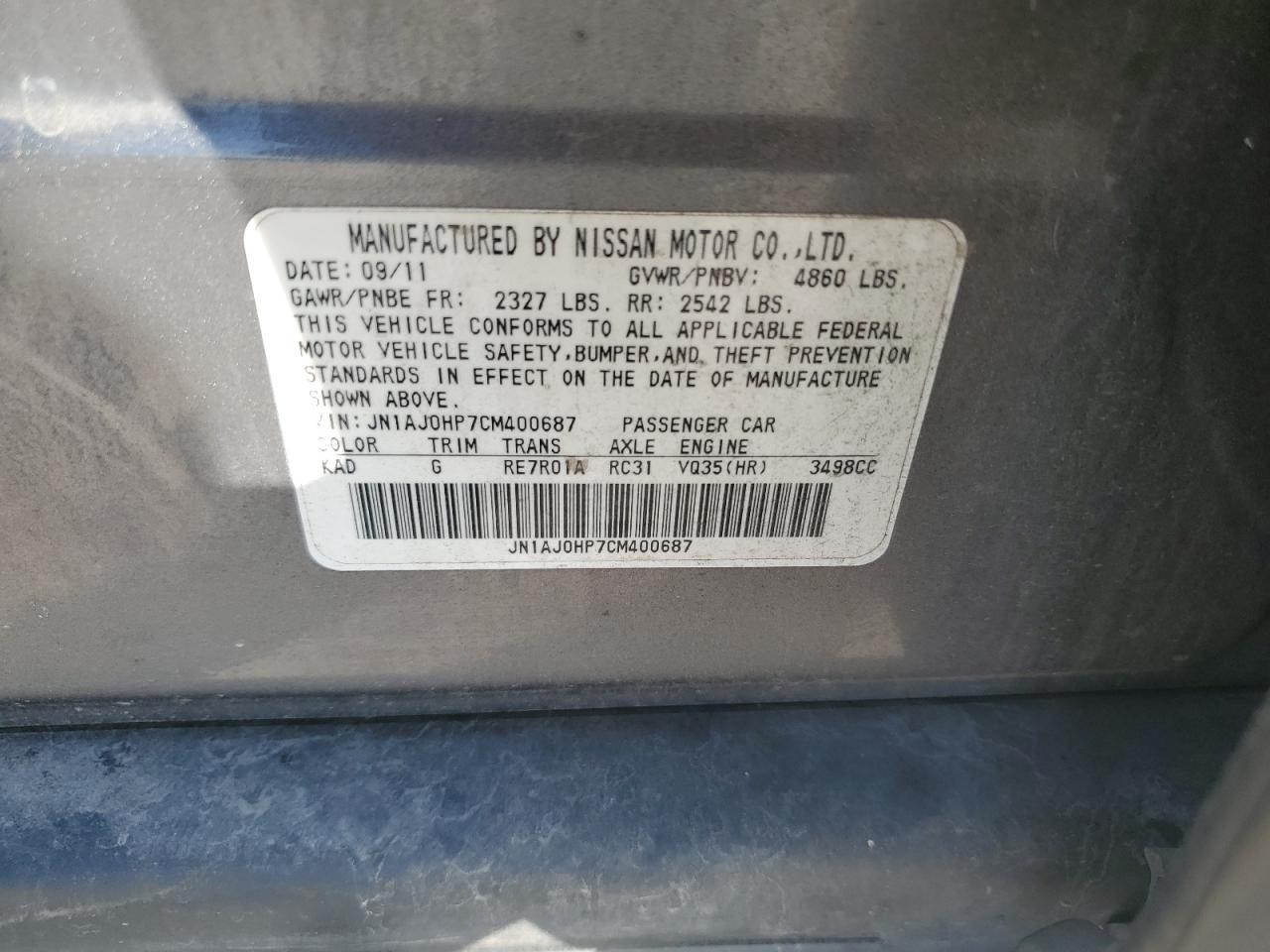 2012 Infiniti Ex35 Base VIN: JN1AJ0HP7CM400687 Lot: 85335155