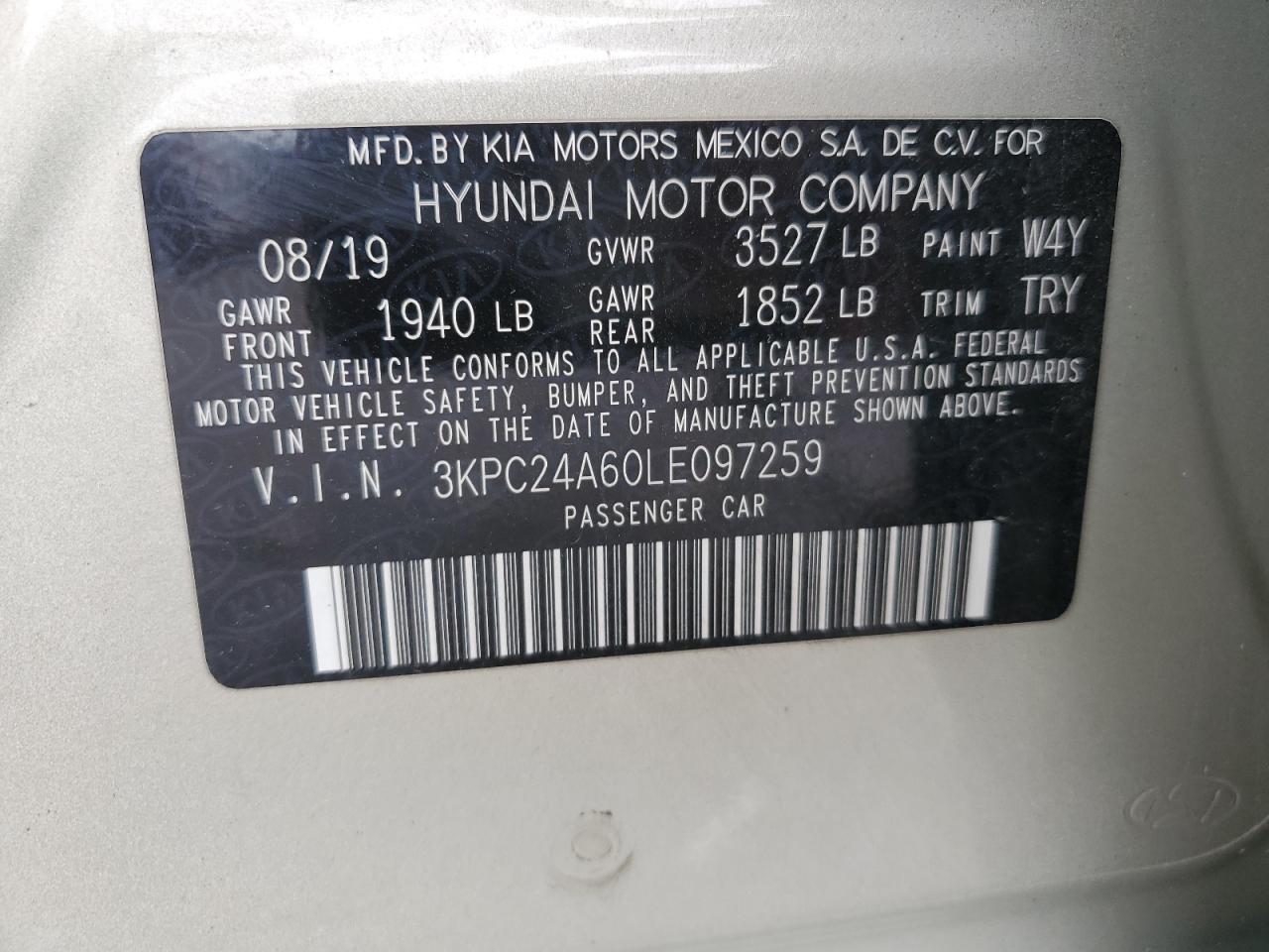 2020 Hyundai Accent Se VIN: 3KPC24A60LE097259 Lot: 90244835