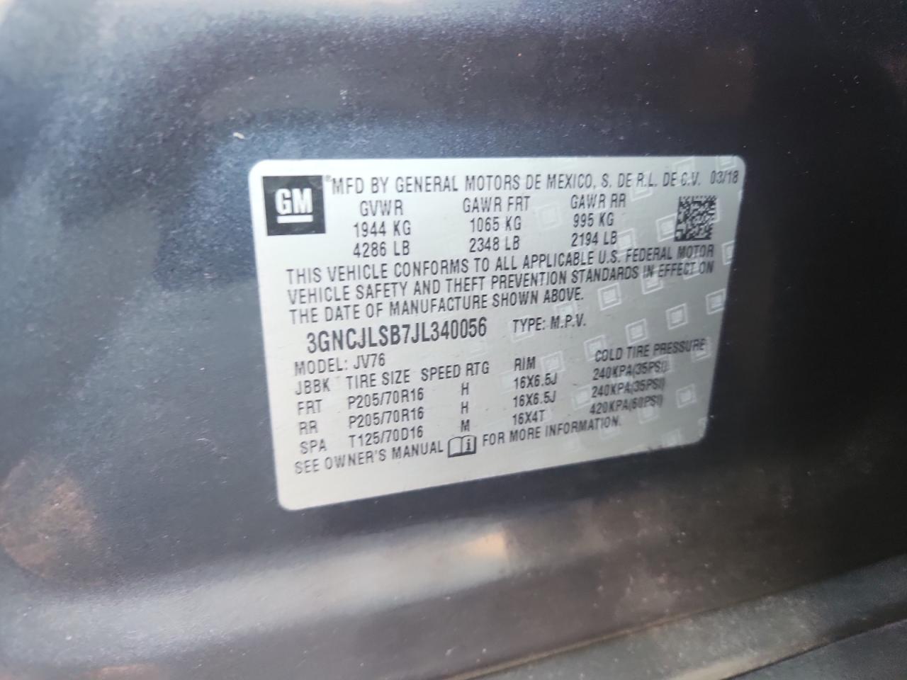 2018 Chevrolet Trax 1Lt VIN: 3GNCJLSB7JL340056 Lot: 82505905