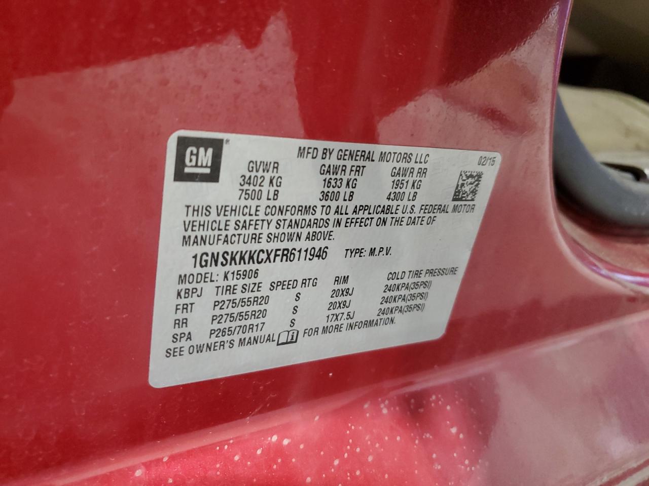 2015 Chevrolet Suburban K1500 Ltz VIN: 1GNSKKKCXFR611946 Lot: 81544205