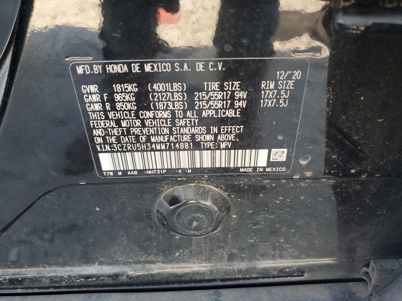 2021 Honda Hr-V Lx VIN: 3CZRU5H34MM714881 Lot: 81934105