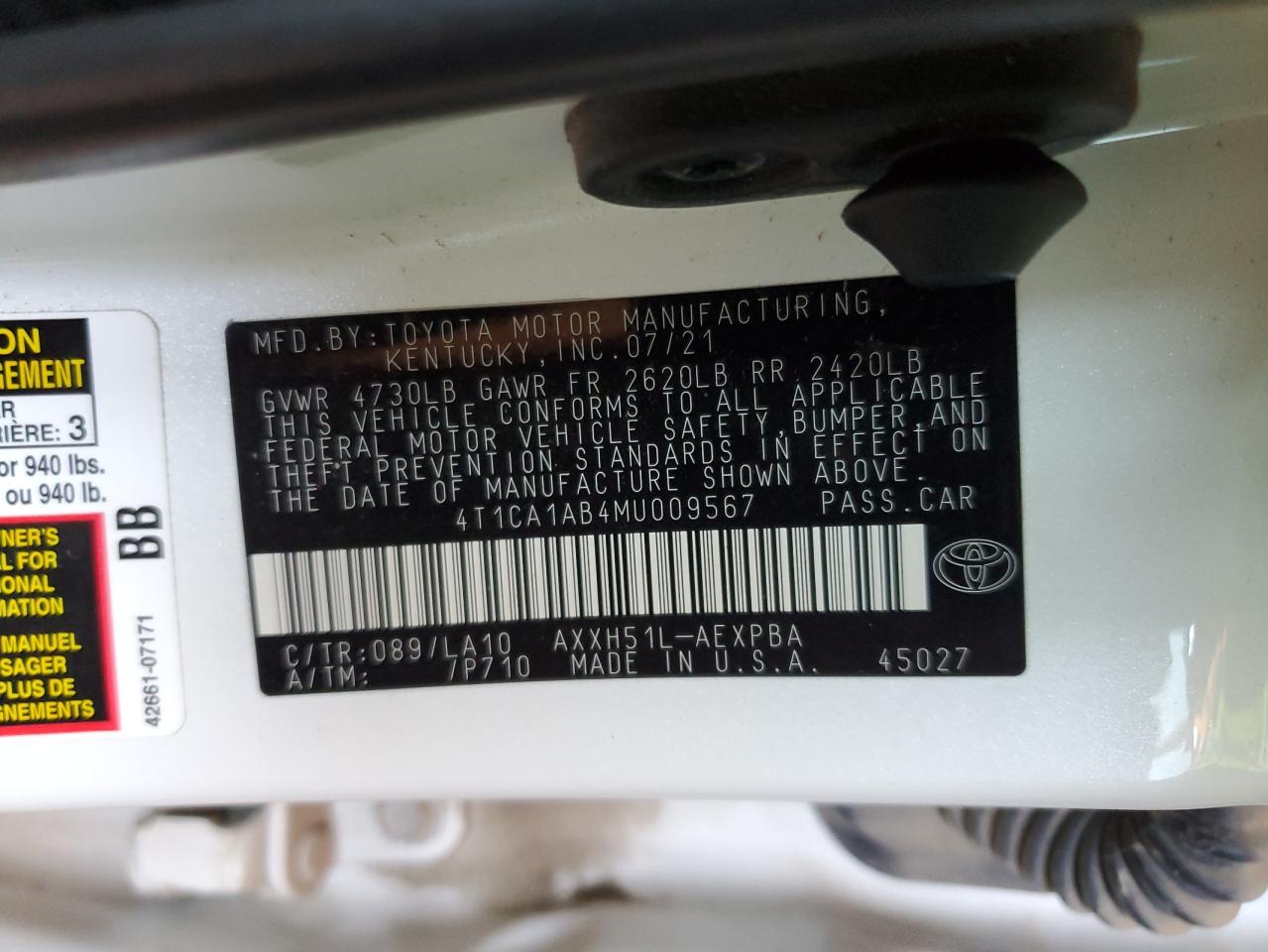 2021 Toyota Avalon Limited VIN: 4T1CA1AB4MU009567 Lot: 89700365