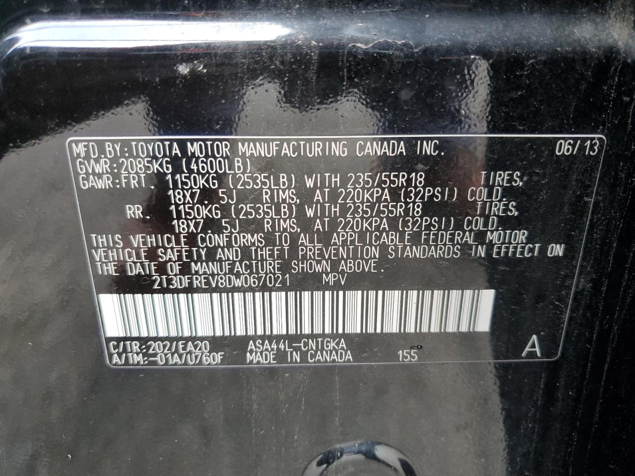 2013 Toyota Rav4 Limited VIN: 2T3DFREV8DW067021 Lot: 80465135