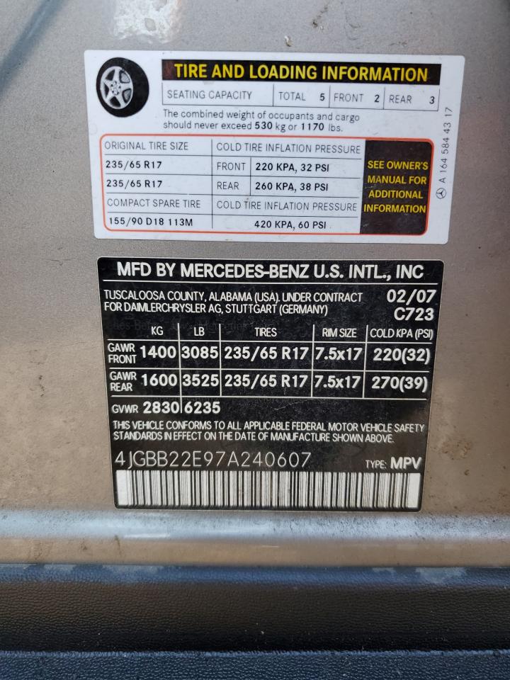 2007 Mercedes-Benz Ml 320 Cdi VIN: 4JGBB22E97A240607 Lot: 82228535