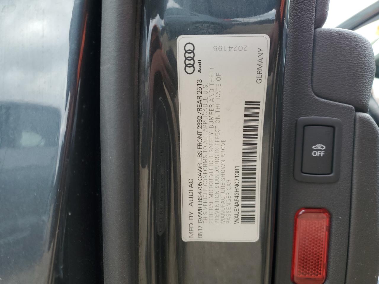 2017 Audi A4 Premium Plus VIN: WAUENAF42HN071381 Lot: 89706365