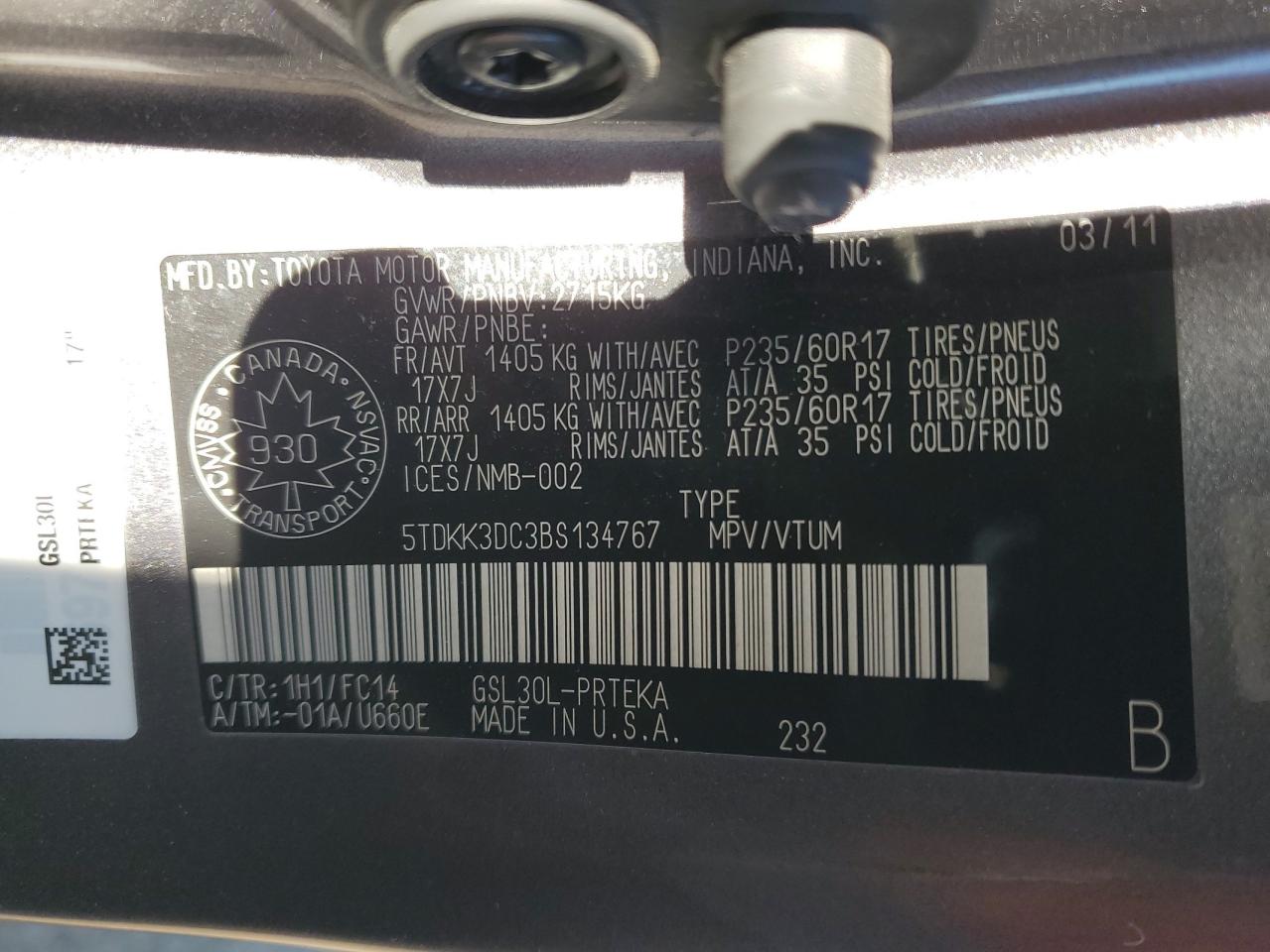 2011 Toyota Sienna Le VIN: 5TDKK3DC3BS134767 Lot: 71951145