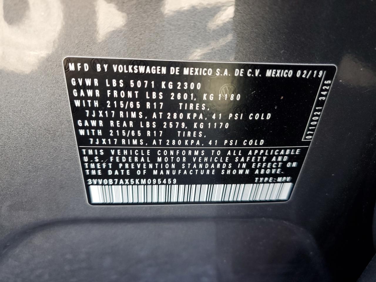 2019 Volkswagen Tiguan S VIN: 3VV0B7AX5KM095459 Lot: 84300035