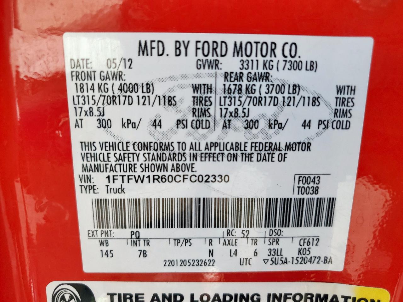 2012 Ford F150 Svt Raptor VIN: 1FTFW1R60CFC02330 Lot: 85872965