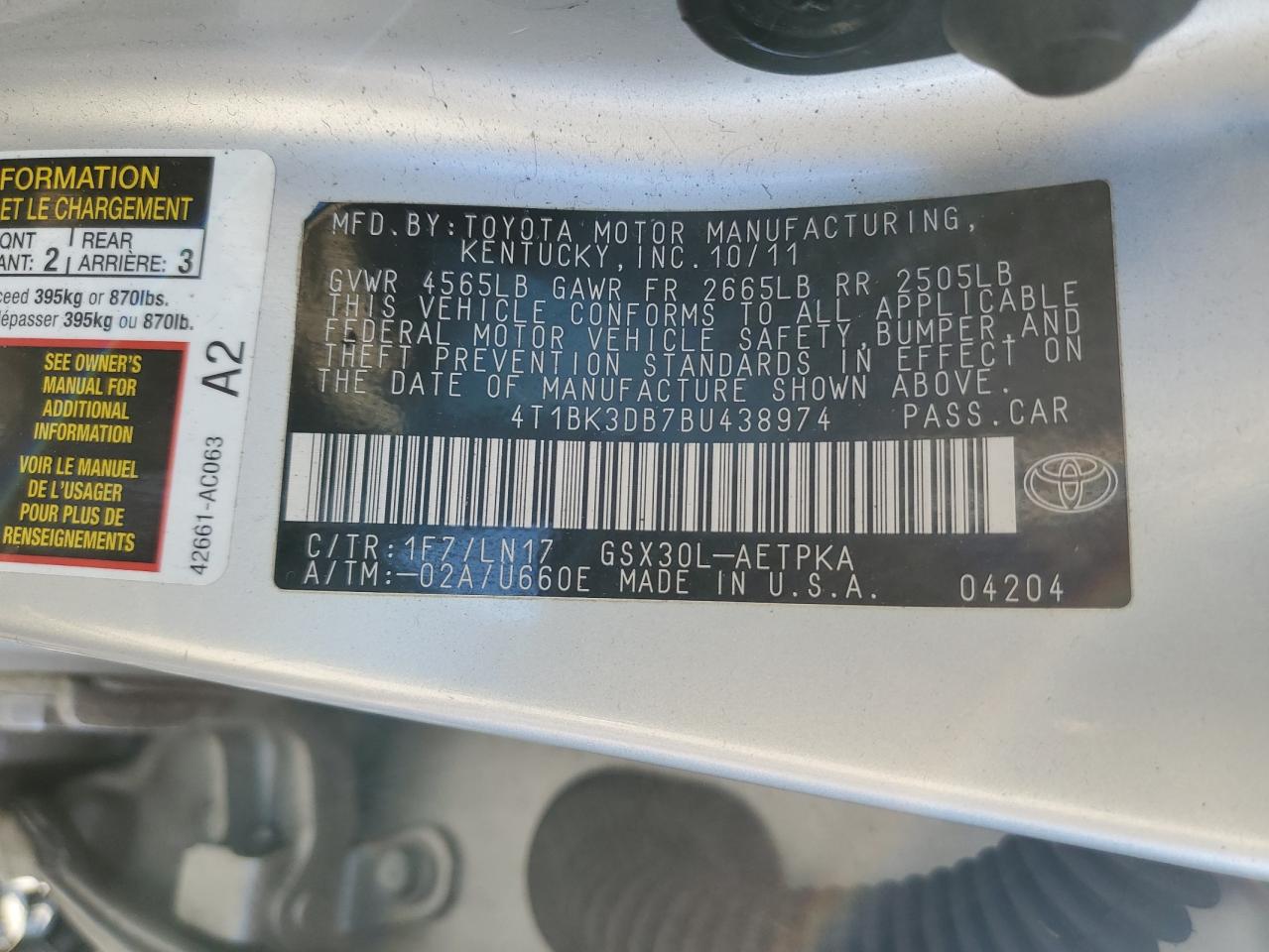 2011 Toyota Avalon Base VIN: 4T1BK3DB7BU438974 Lot: 82622855