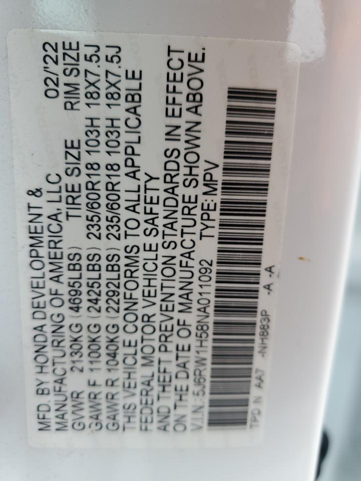 2022 Honda Cr-V Ex VIN: 5J6RW1H58NA011092 Lot: 86493435