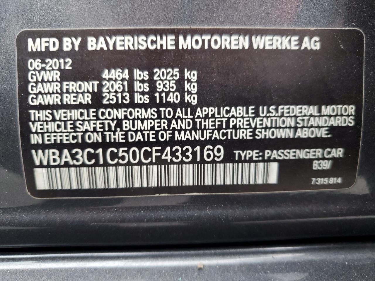 2012 BMW 328 I Sulev VIN: WBA3C1C50CF433169 Lot: 85649235