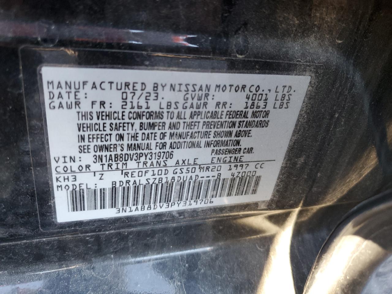 2023 Nissan Sentra Sr VIN: 3N1AB8DV3PY319706 Lot: 85890435