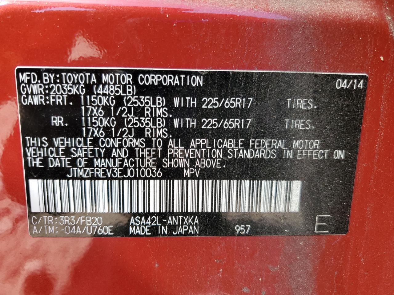 2014 Toyota Rav4 Le VIN: JTMZFREV3EJ010036 Lot: 84755235