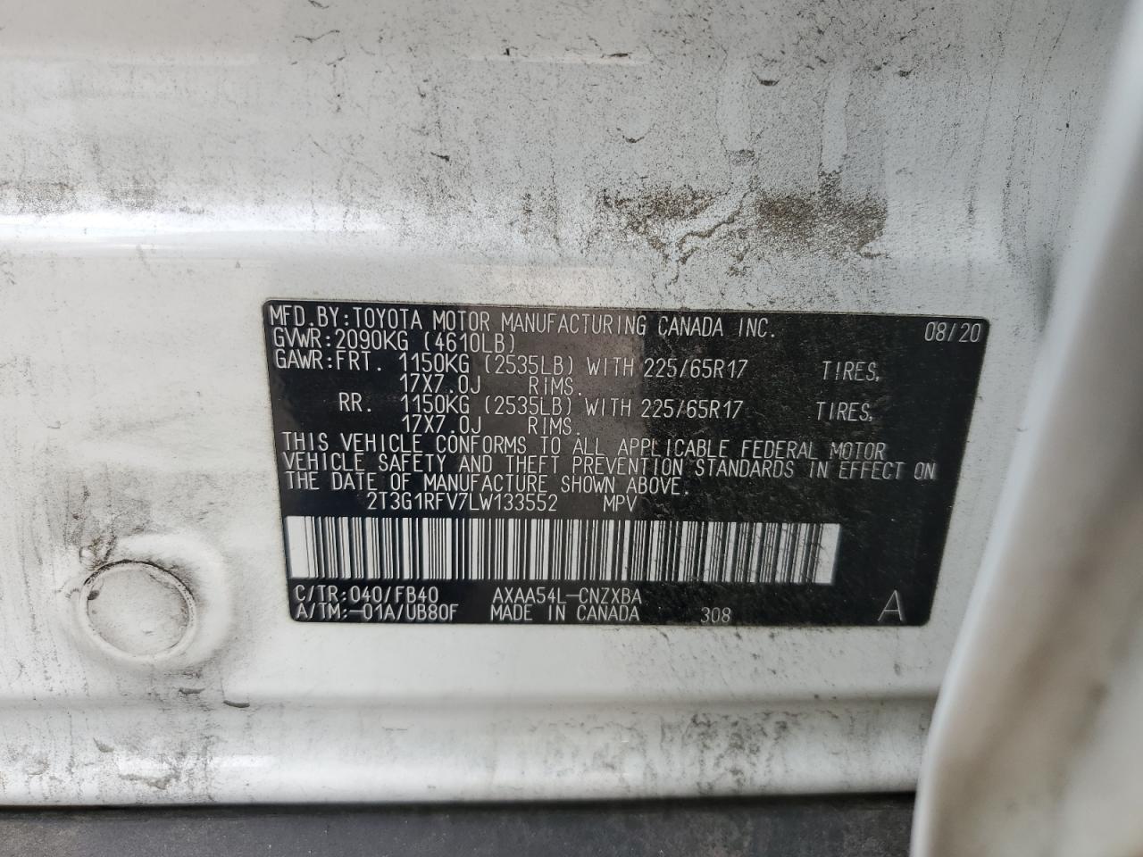 2020 Toyota Rav4 Le VIN: 2T3G1RFV7LW133552 Lot: 85744805