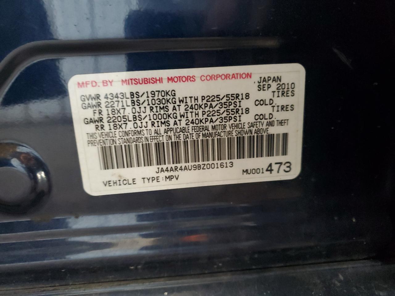 2011 Mitsubishi Outlander Sport Se VIN: JA4AR4AU9BZ001613 Lot: 84943995