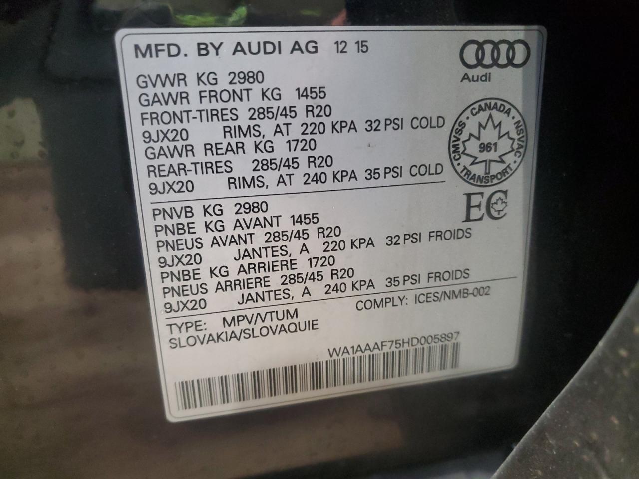 2017 Audi Q7 Premium VIN: WA1AAAF75HD005897 Lot: 89647915