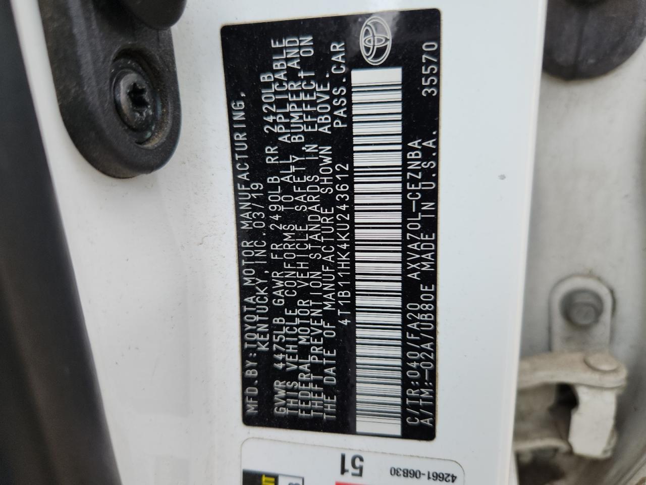 2019 Toyota Camry L VIN: 4T1B11HK4KU243612 Lot: 85267935