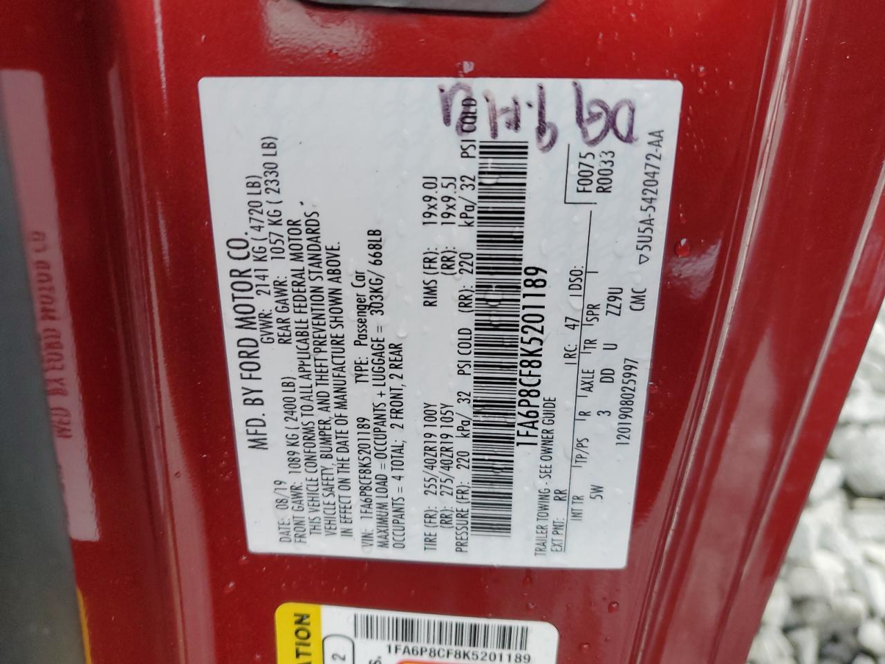 2019 Ford Mustang Gt VIN: 1FA6P8CF8K5201189 Lot: 85393815