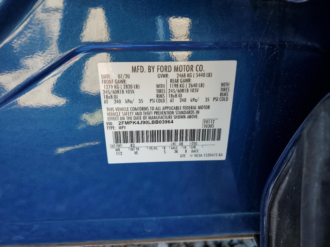 2020 Ford Edge Sel VIN: 2FMPK4J90LBB03964 Lot: 87200035