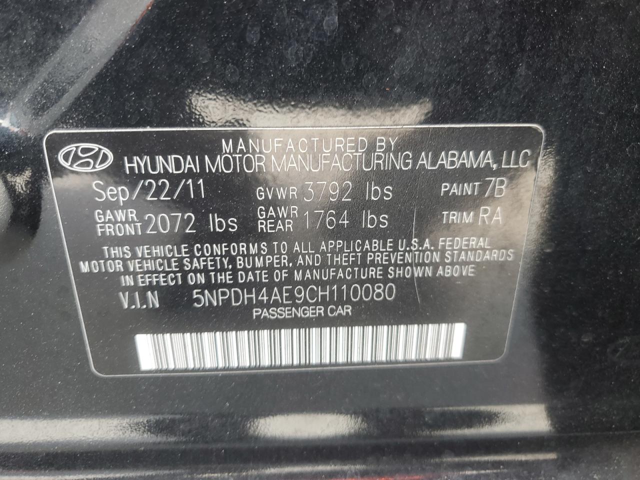 2012 Hyundai Elantra Gls VIN: 5NPDH4AE9CH110080 Lot: 87082995