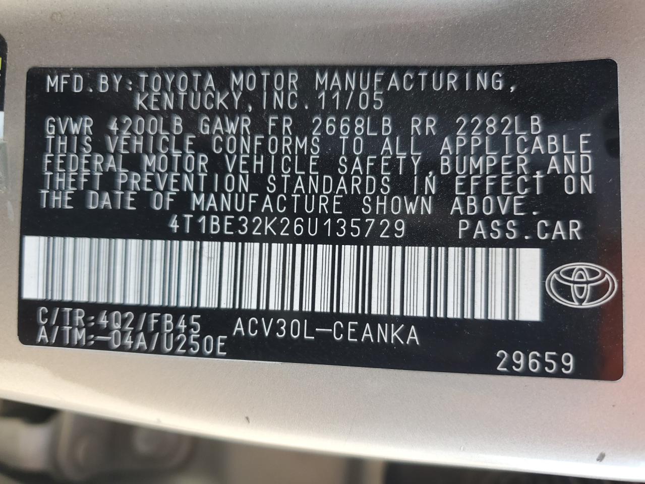 2006 Toyota Camry Le VIN: 4T1BE32K26U135729 Lot: 86127785